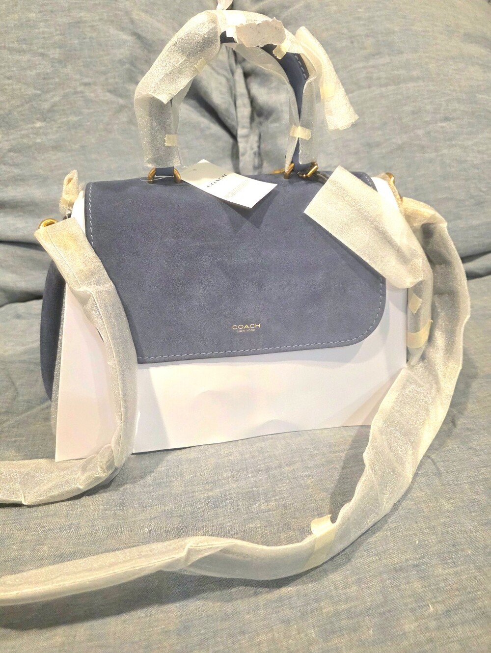 NWT Authentic Coach Blue Suede Top-Handle Rogue Satchel with Gold Hardware - Picture 2 of 9